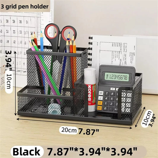 Premium Black Mesh Desk Organizer – 3 Compartments with Pen Holder & Storage Baskets