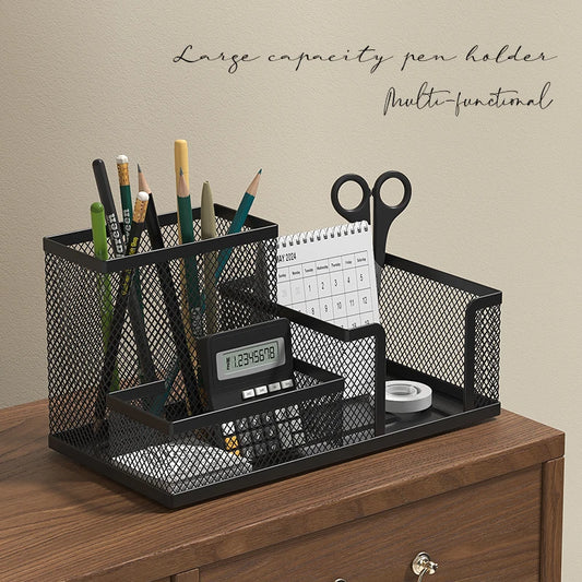 Premium Black Mesh Desk Organizer – 3 Compartments with Pen Holder & Storage Baskets