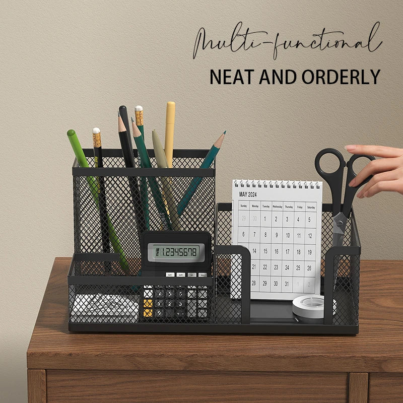 Premium Black Mesh Desk Organizer – 3 Compartments with Pen Holder & Storage Baskets