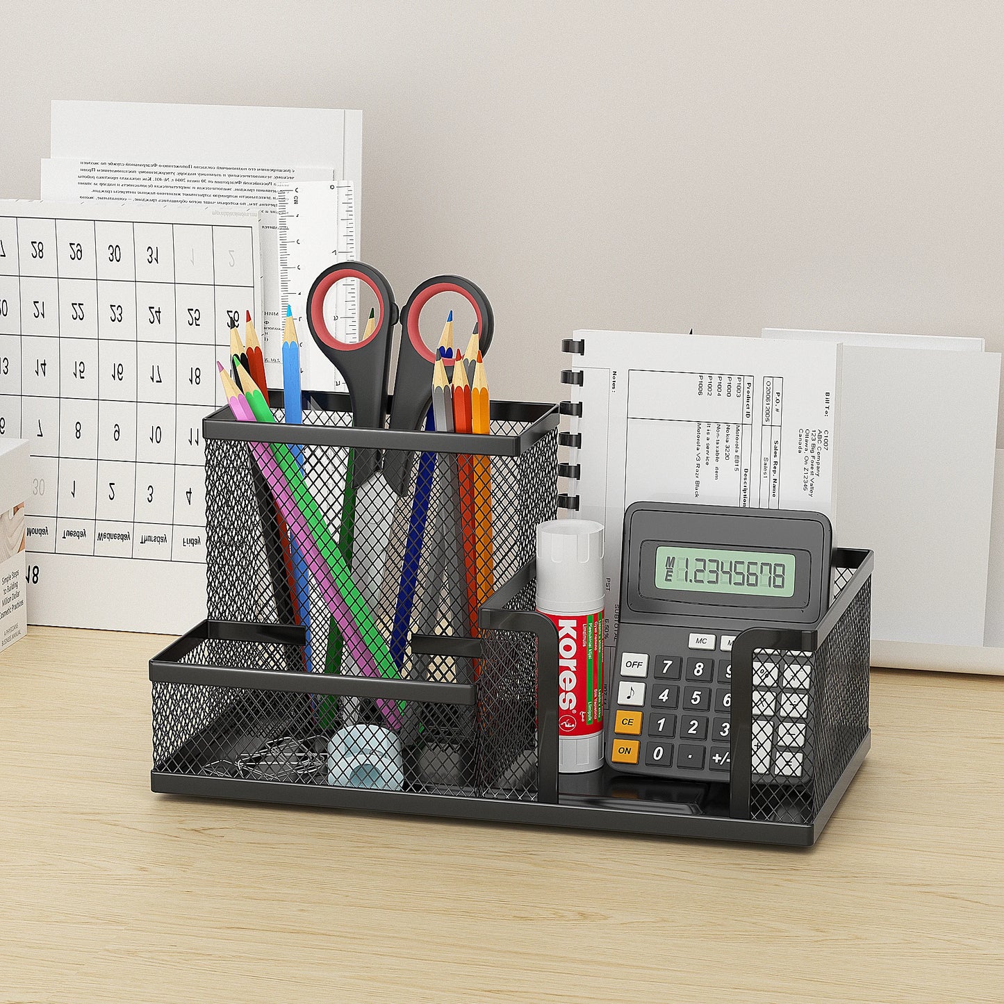 Premium Black Mesh Desk Organizer – 3 Compartments with Pen Holder & Storage Baskets